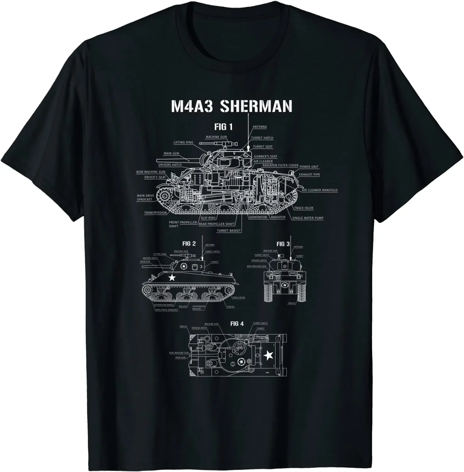 

World War 2 American Tank M4A3 Sherman blueprint Men T-Shirt Short Casual 100% Cotton Shirts