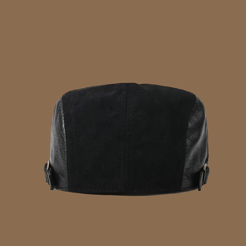 Men Women Vintage British Flat Cap Suede Faux Leather Patchwork Ivy Newsboy Cap Adjustable Metal Buckle Driving Beret Hat
