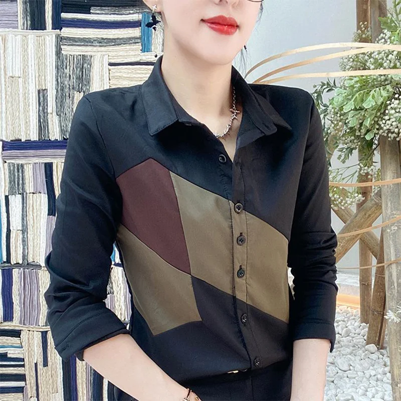 Spring Autumn Elegant Fashion Turn Down Collar Shirt Ladies Slim Casual Patchwork All-match Top Women Buttons Cardigan Blouse