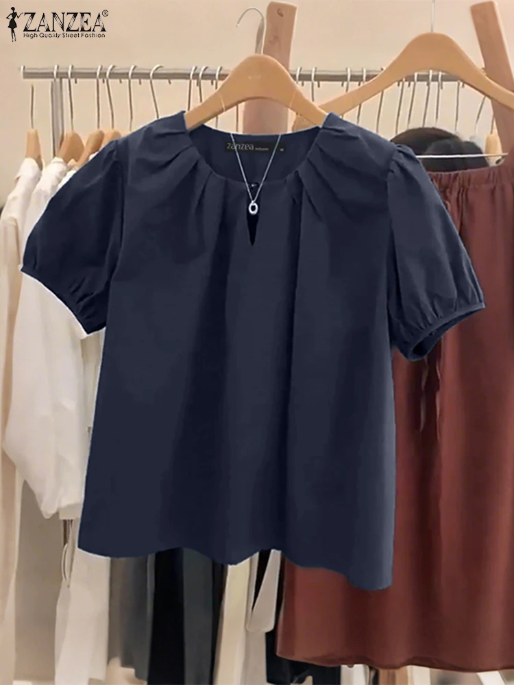 ZANZEA femmes Blouses élégantes plissé col rond trou de serrure décolleté manches courtes bouffantes couleur unie hauts usage quotidien 3 couleurs S-XXXL