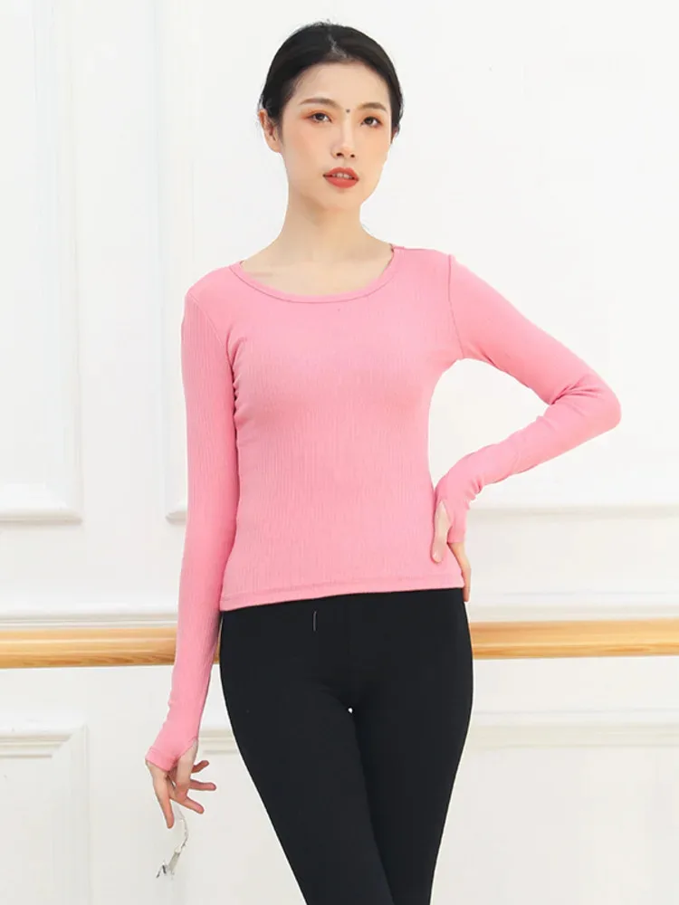 ถักสีทึบคอลูกเรือแขนยาว SLIM FIT Dance TOP สําหรับผู้หญิง,บัลเล่ต์ฝึกหรือ STAGE Performance Wear