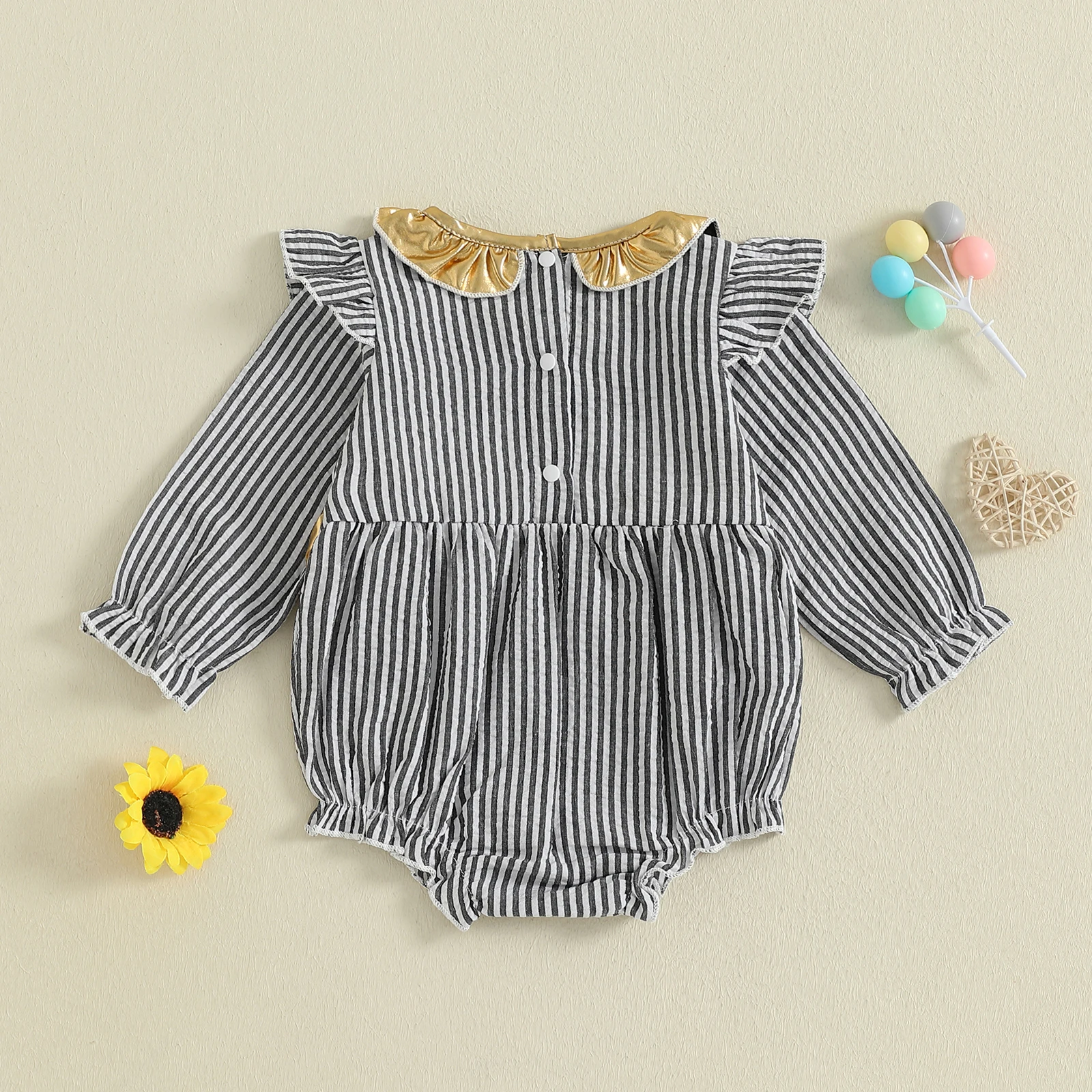 Newborn Infant Baby Girls New Year Romper Stripe Print Letter Embroidery Long Sleeve Ruffled Round Neck Jumpsuit
