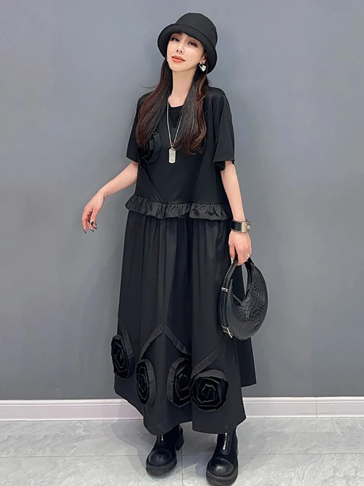 XITAO Three-dimensional Decoration Flounced Edge Dresses Solid Color O-neck Pullover Short Sleeve Dress 2024 Summer New ZY8668