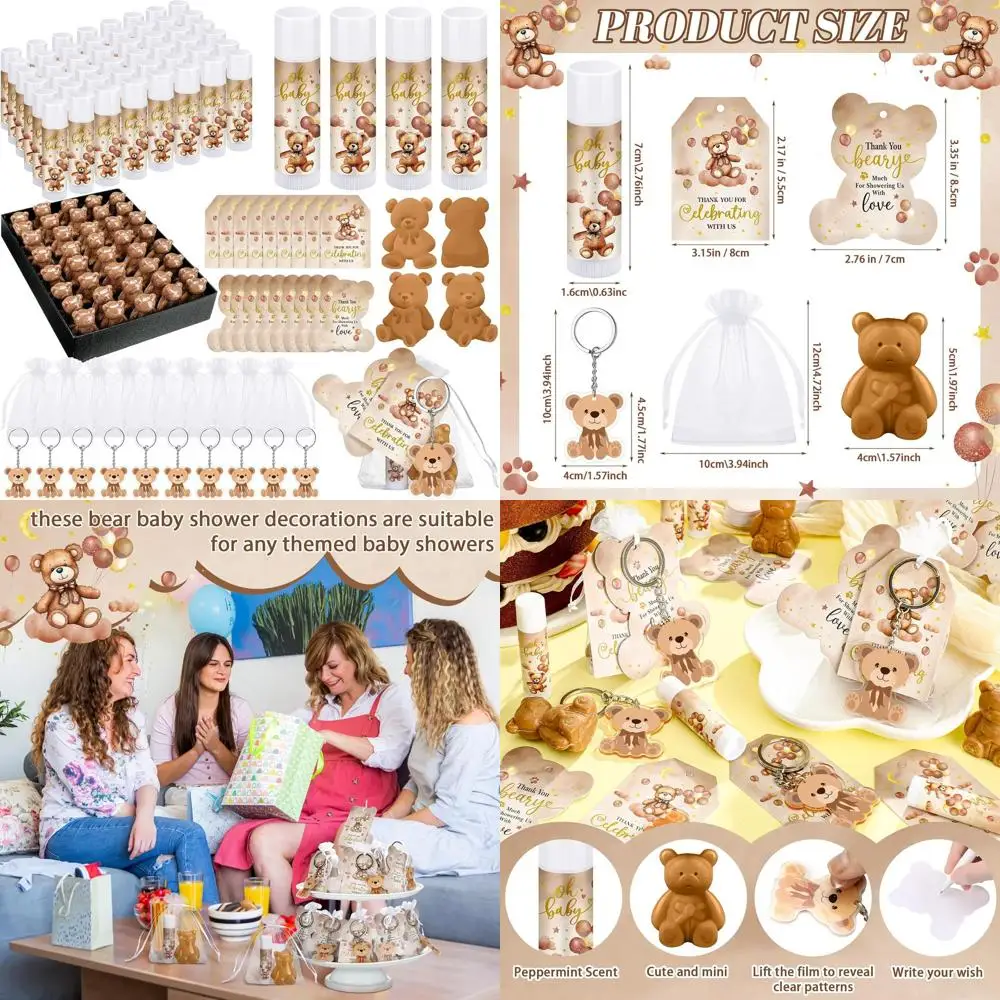 

128 Baby Shower Favors: 48 Sets Lip Balm, Soap, Keychain, Bags, Tags & Cards for Unisex Shower Gifts (Brown, Bear)