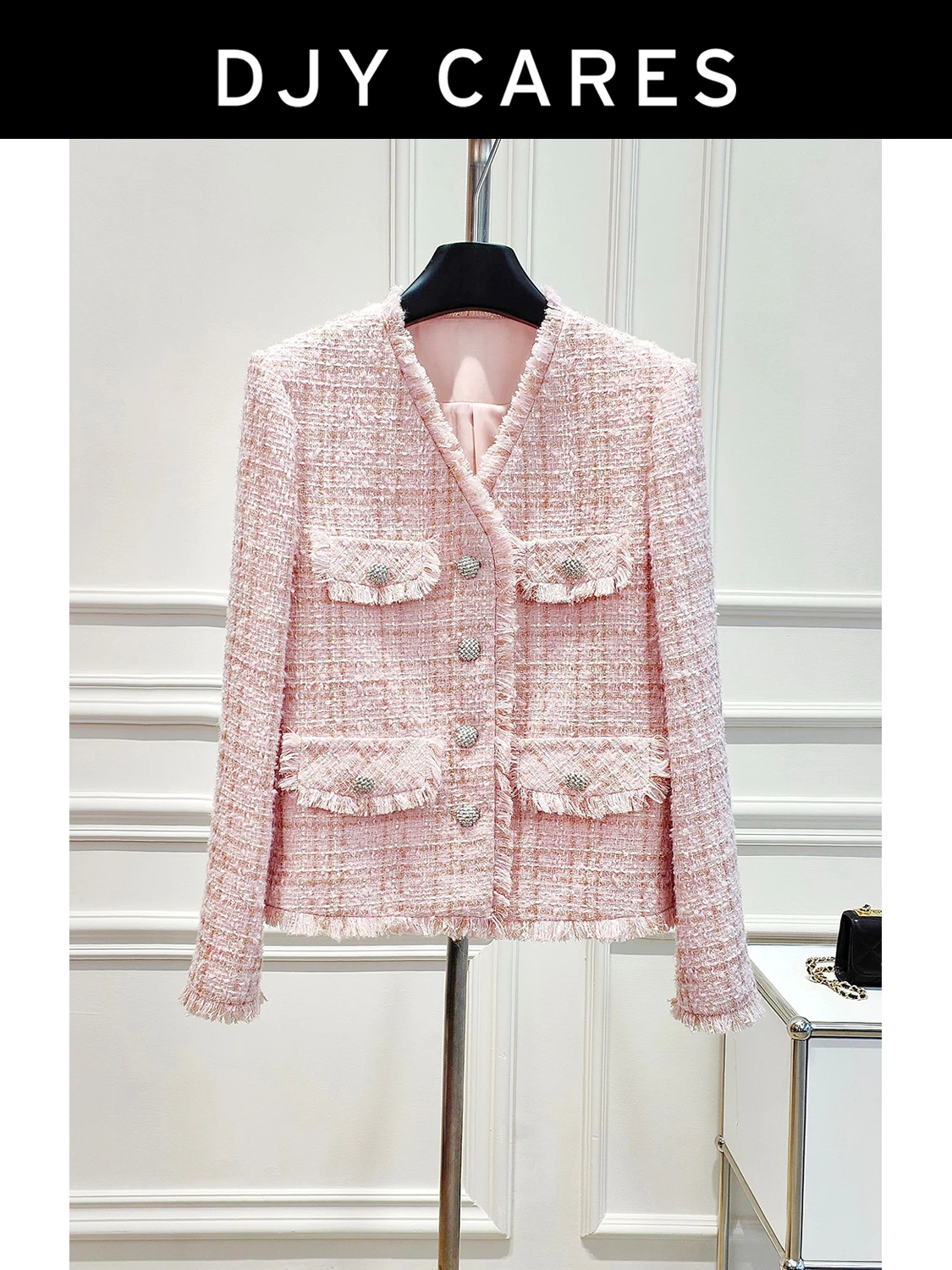 New  Bold woolen fashion handmade V-neck pink jacket with temperament top big size