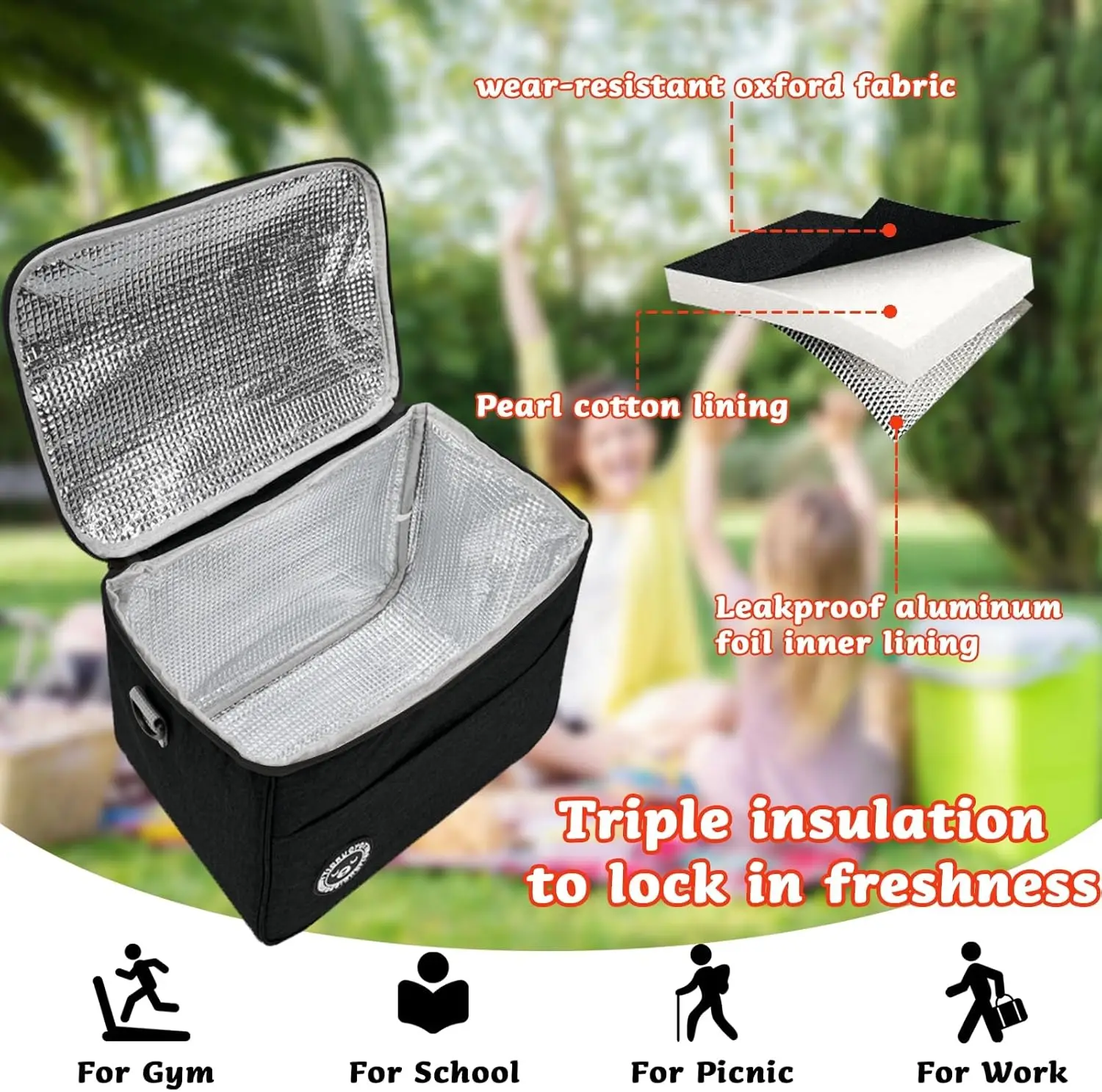 12.7L Large Insulated Lunch Bags Leakproof Cool bag Thermal Lunch Box for Women Men Kids Camping Work Office School Picnic Pack