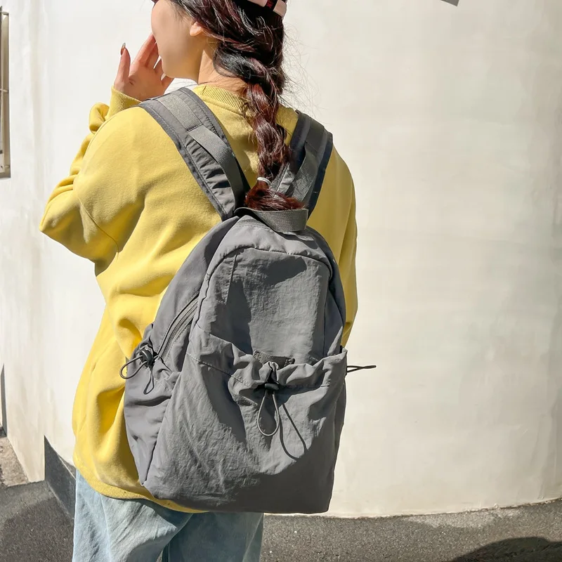 Ins Simple Drawstring Backpack Women Light Crinkled Nylon Large Capacity Bag College Student Commute Travel Casual School Bag