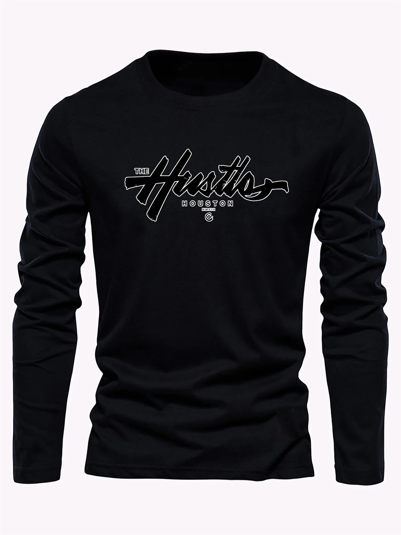 Men's Spring and Autumn 100% Cotton Comfortable Casual Houston Letter Pattern Printed Round Neck Long Sleeve T-shirt Top view 2