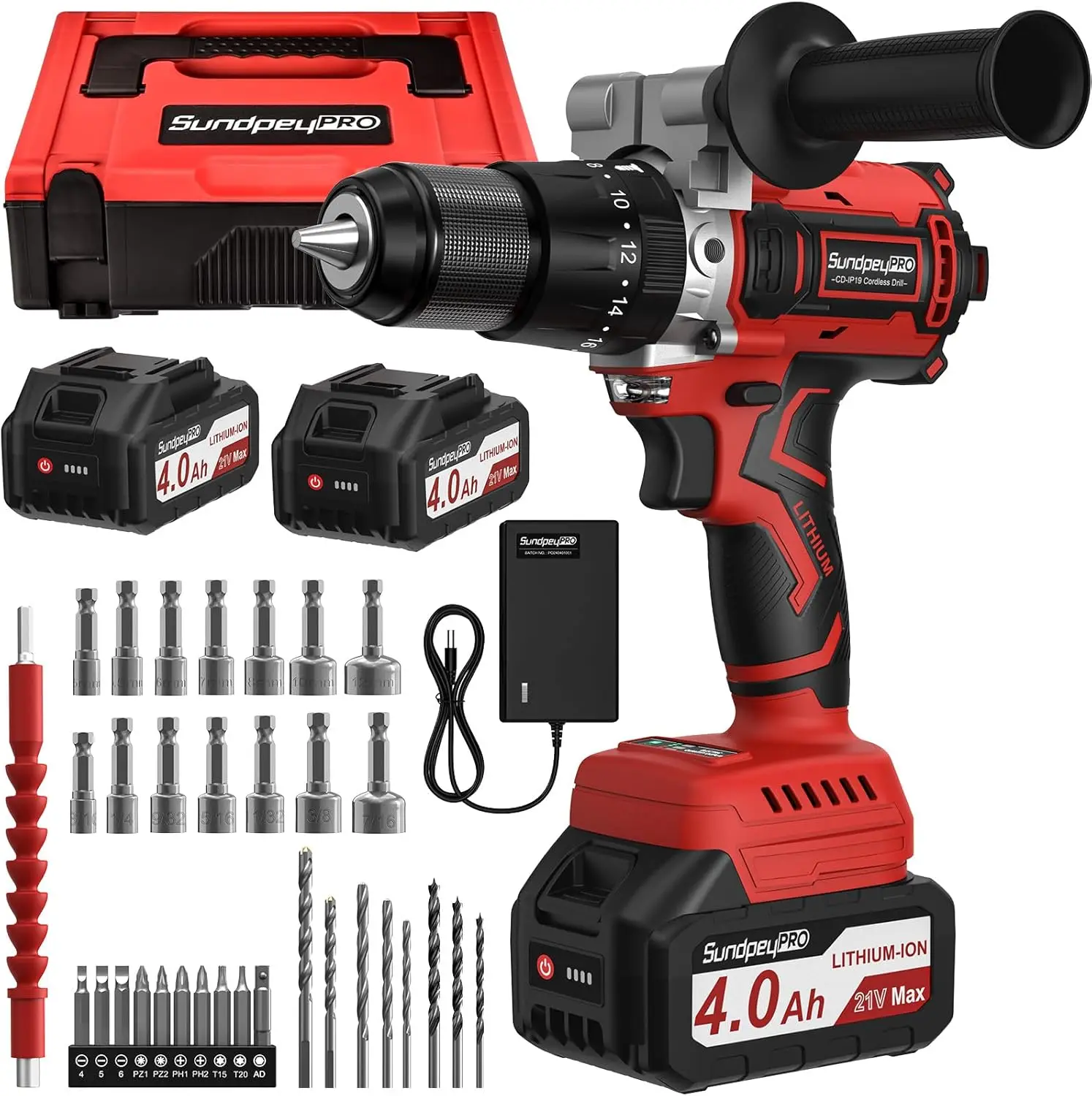 1060 In·lbs(120N·m) Brushless Cordless Impact Drill - 20+3 Torque 21V Power Hammer Drill with 2 X 4.0 Ah Battery - Electric Impa