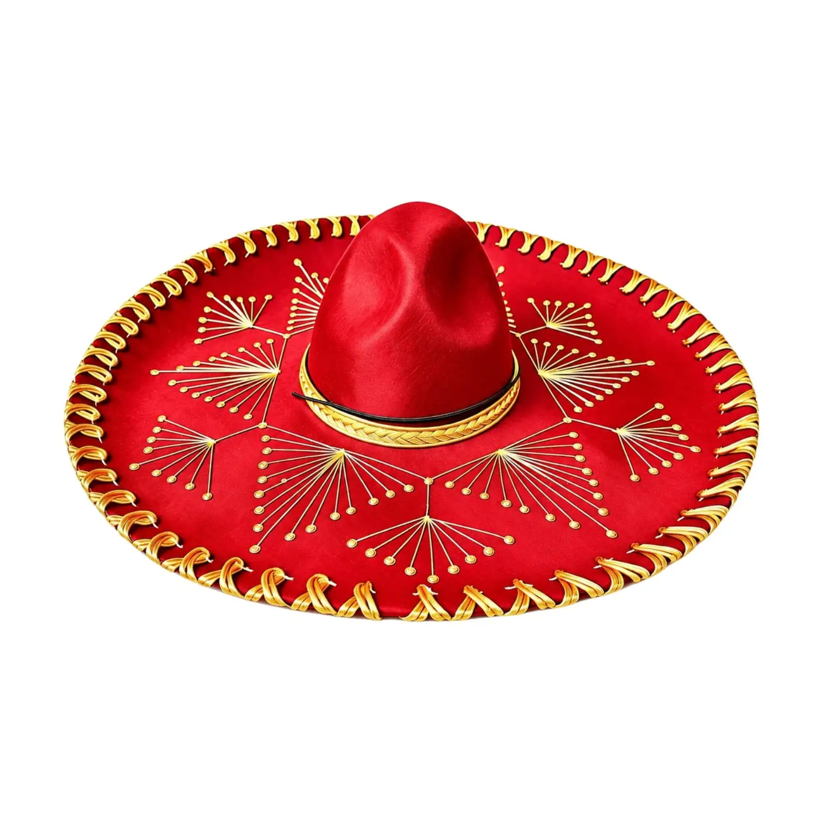Sombrero Style Costume Hat for Party Fun Tall Crown Wide Brim Polyester Material Gold Trim for Festival Stage Dress Up