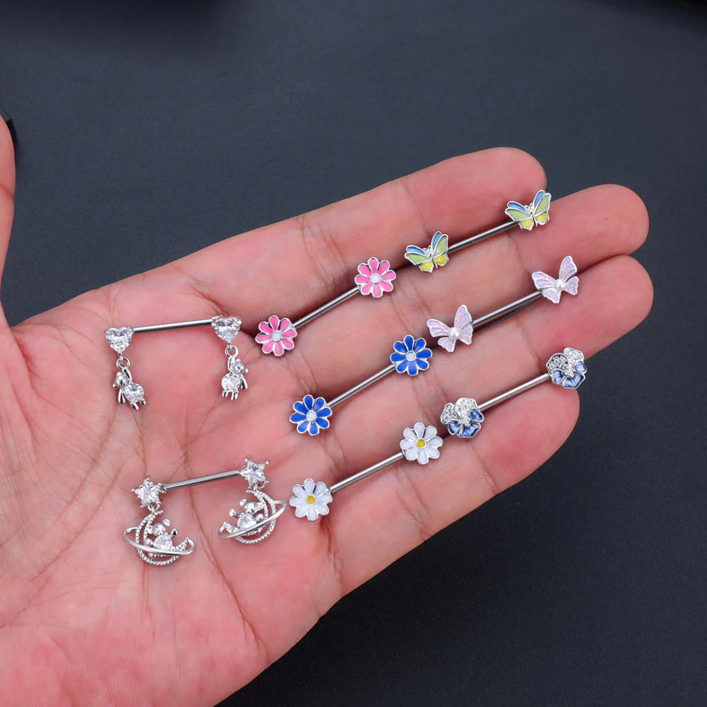 Fashion Flower Nipple Piercing Jewelry Set Steel Crystal Heart Nipple Barbell Pack Purple Nipple Rings Bulk Piercing Teton Lote