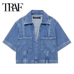 TRAF Blue Denim Shirt Woman Fashion Short Sleeve Cropped Shirt Women Jean Crop Top Y2k Streetwear Summer Blouse Short Tops