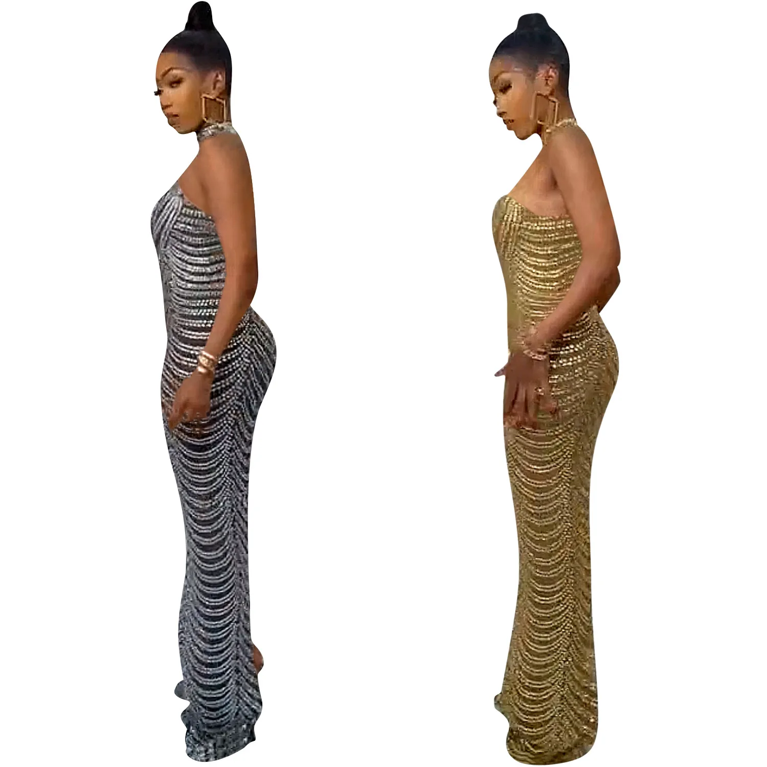 Black Gold African Dresses for Women Summer Sexy African Women Wedding Evening Backless Mesh See Through Night Club Maxi Dress