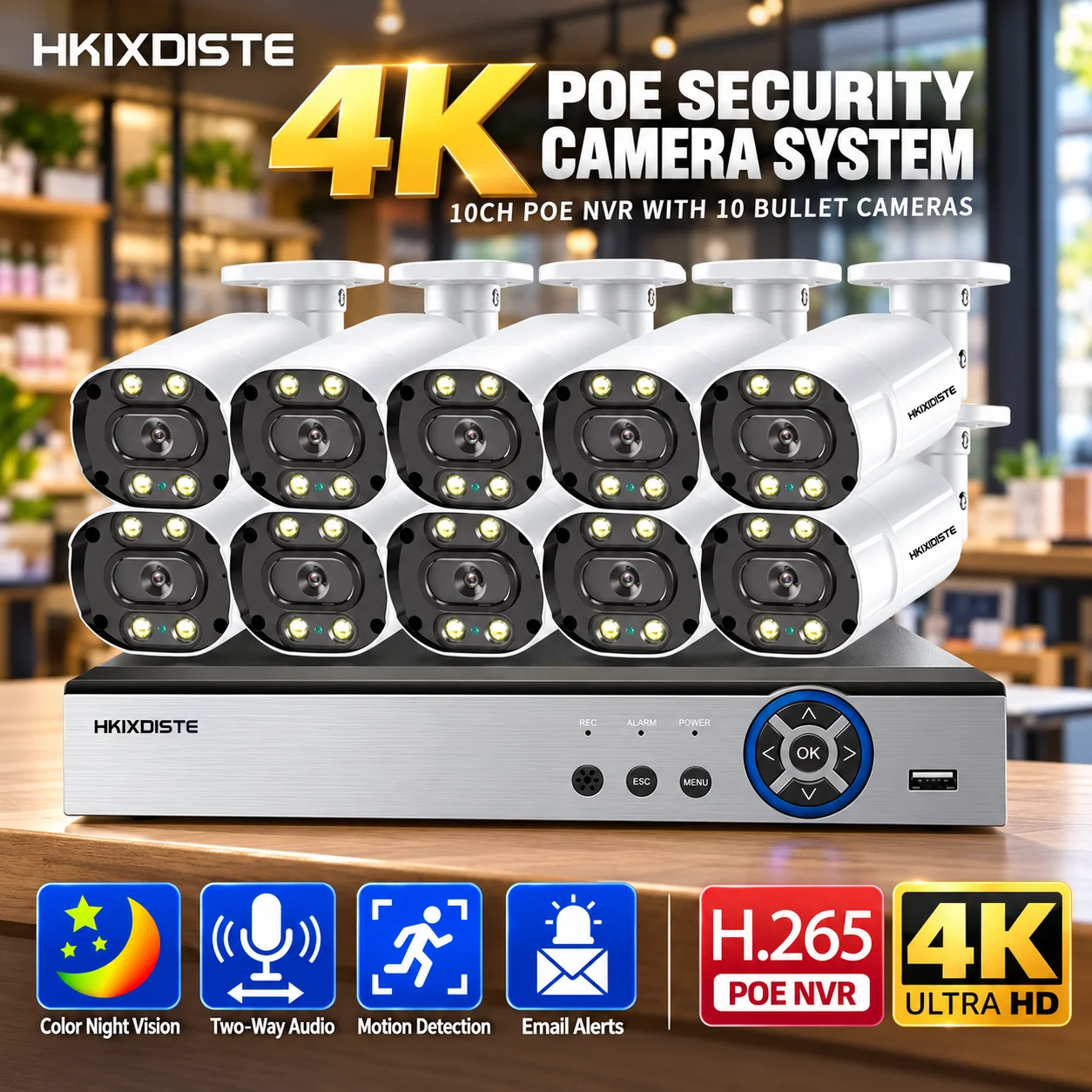 4K CCTV Security Cameras System Set 8CH Video Surveillance Kit Outdoor 2 Way Audio IP Bullet Camera 10CH POE NVR Recorder Set