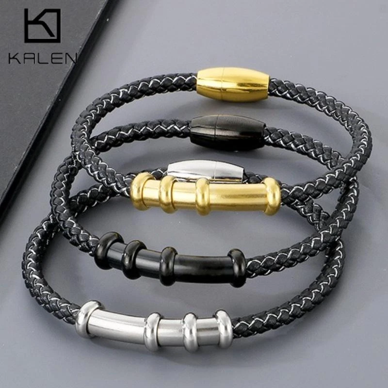 

Stainless Steel Wrapped Bamboo Elbow Woven Bracelet for Women Men Hip Hop Classic Leather Bangle Shiny Charms Wrist Jewelry