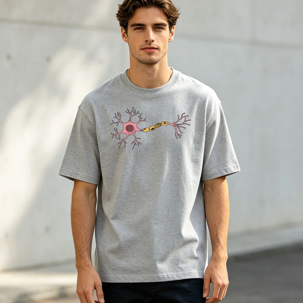 Pink Neuron Nerve Cell Science Anatomy Graphic Men Summer Cotton T Shirt Biology Enthusiast Minimal Art Casual Short Sleeve Top