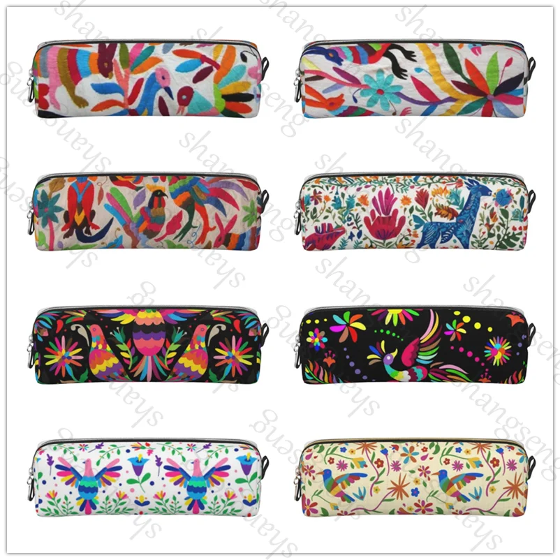 

Mexican Otomi Art Birds Flowers Leather Zipper Pencil Box Multifunctional Stationery Storage Bag Student Study Supplies Gift