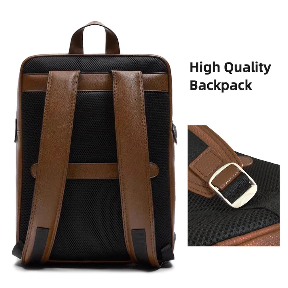 حقيبة ظهر رجالية فاخرة باللون البني مقاس 14 بوصة للكمبيوتر المحمول مقاومة للماء من جلد البولي يوريثان المحبب حقيبة ظهر مدرسية هدية للرجال