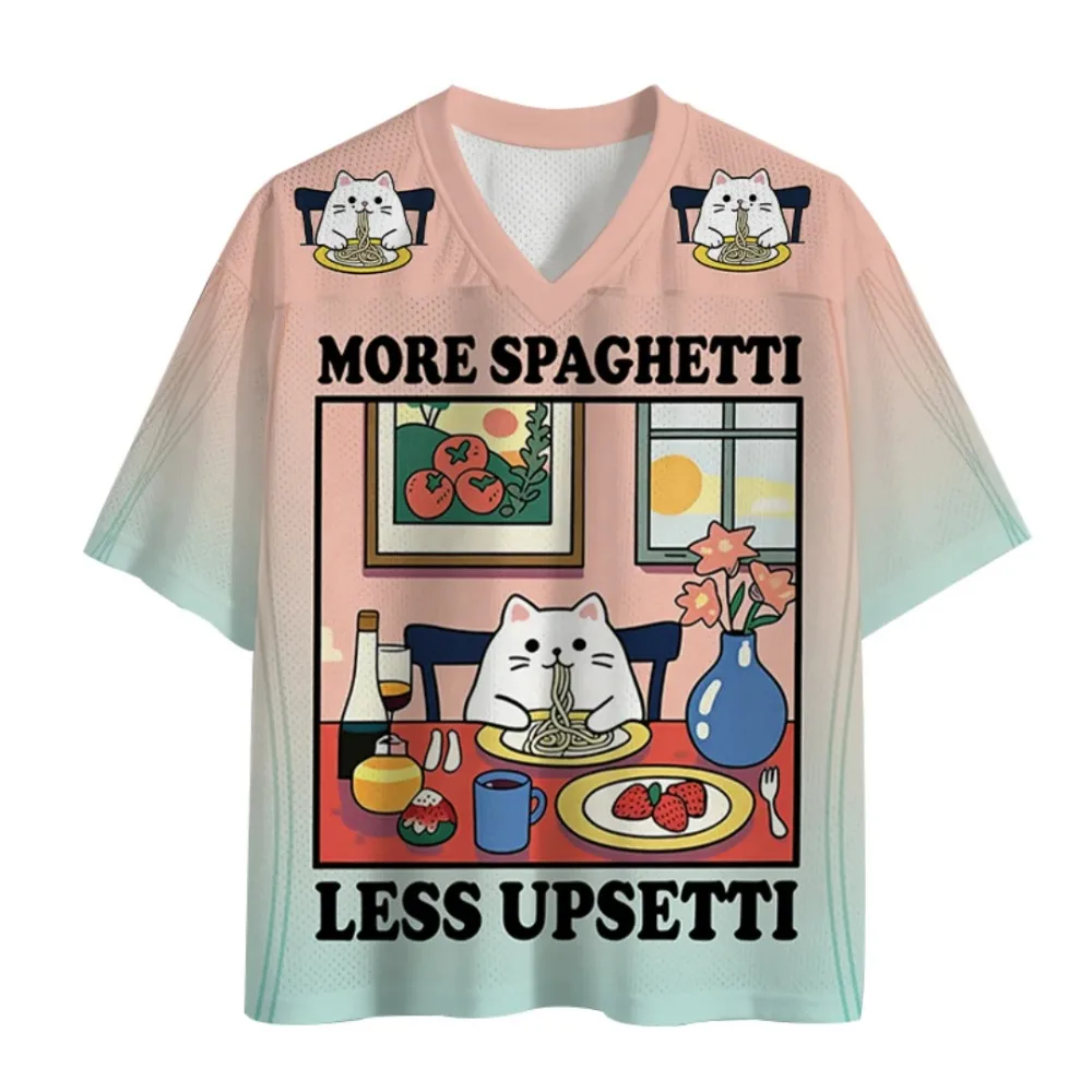 Funny Picture of A Cat Enjoying Spaghetti 3D Print Sport Quickdry Breatha Men V-neck T-shirt Outdoor Street Y2K Parent-child Top