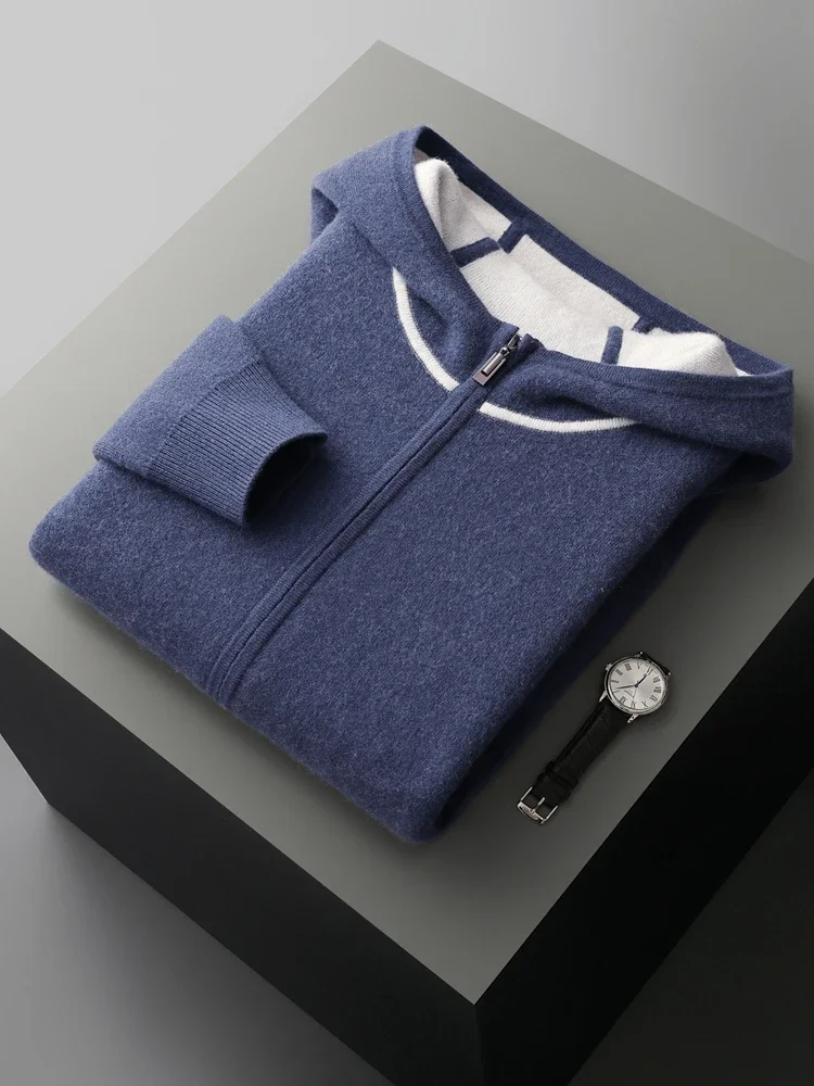 Tcyeek Men's 100% Cashmere Sweater Pants Suit Autumn Winter Thickness Hooded Cardigan Straight Pants Luxury Cashmere Knitwear