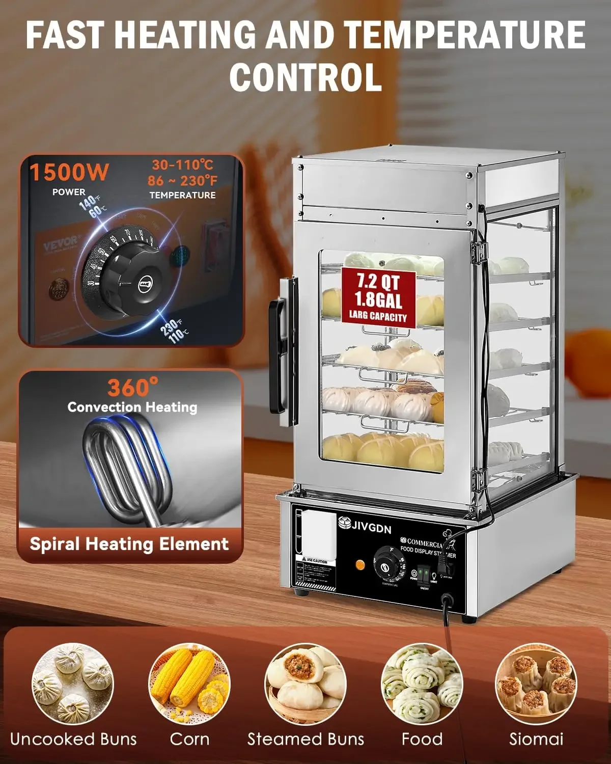 عرض باخرة الطعام التجارية - جهاز بخار كهربائي لـ Bao Buns Dumpling Hot Dog، سطح طعام تجاري من الفولاذ المقاوم للصدأ