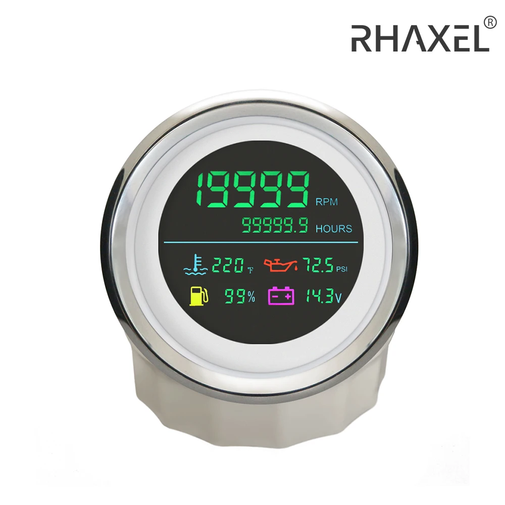 

RHAXEL 6 in 1 Adjustable Multifunctional Gauge Tachometer Fuel Level Water Temp Oil Pressure Hour Voltmeter 85mm for Car Boat