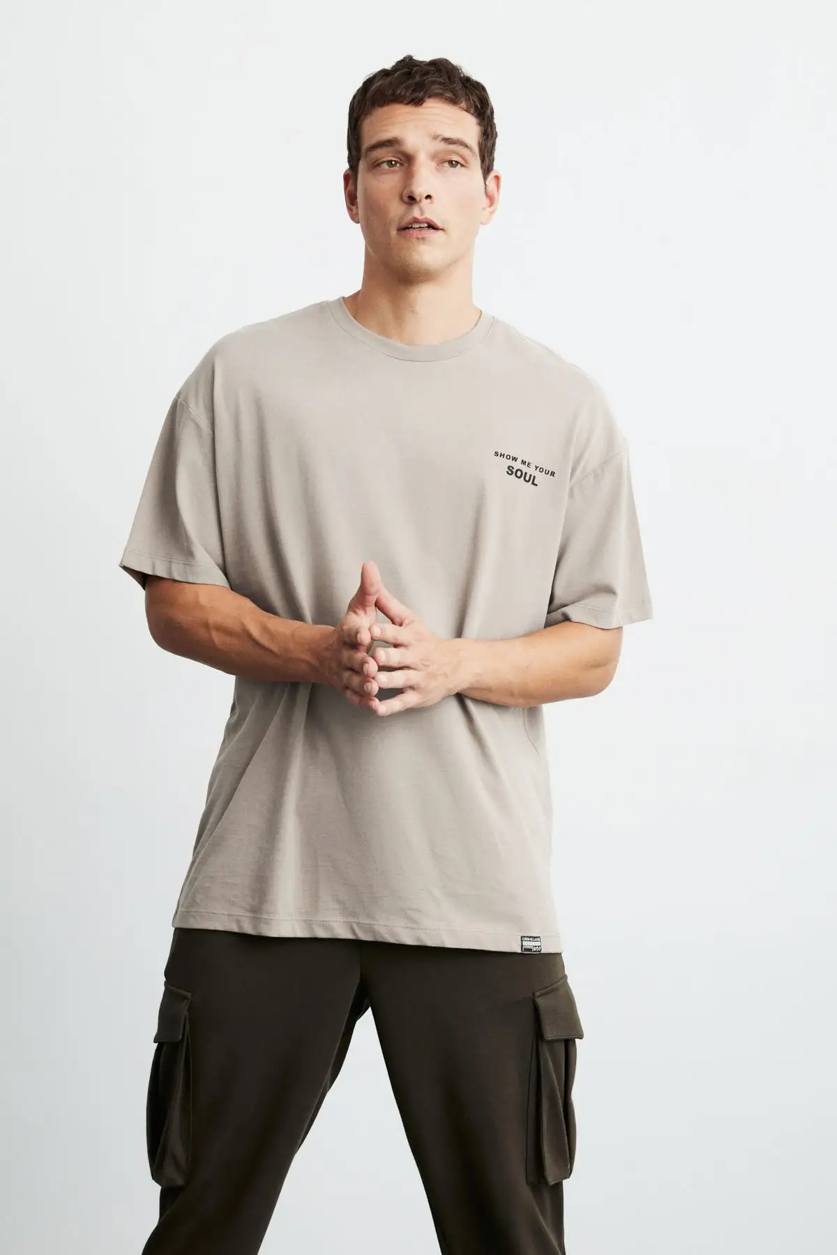 Men's Beige-Black-Khaki Front and Back Black Printed Short Sleeve Oversize T-Shirt Perfect Fit high Quality