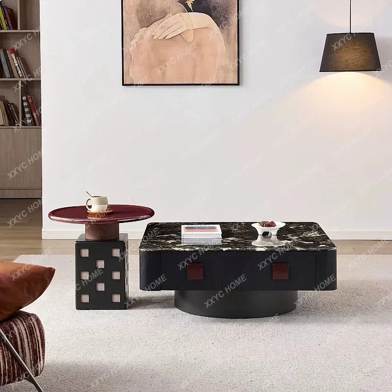XX Luxury Minimalist  Marble Coffee Table Set With Platinum Diamond Stone Top For Small Living Room