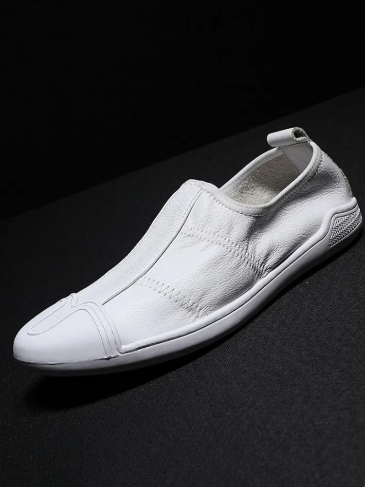 Summer Footwear Mens Genuine Leather Loafers  Black White Walking Shoes Round Toe Slip-On Fashion Breathable Casual  sneakers