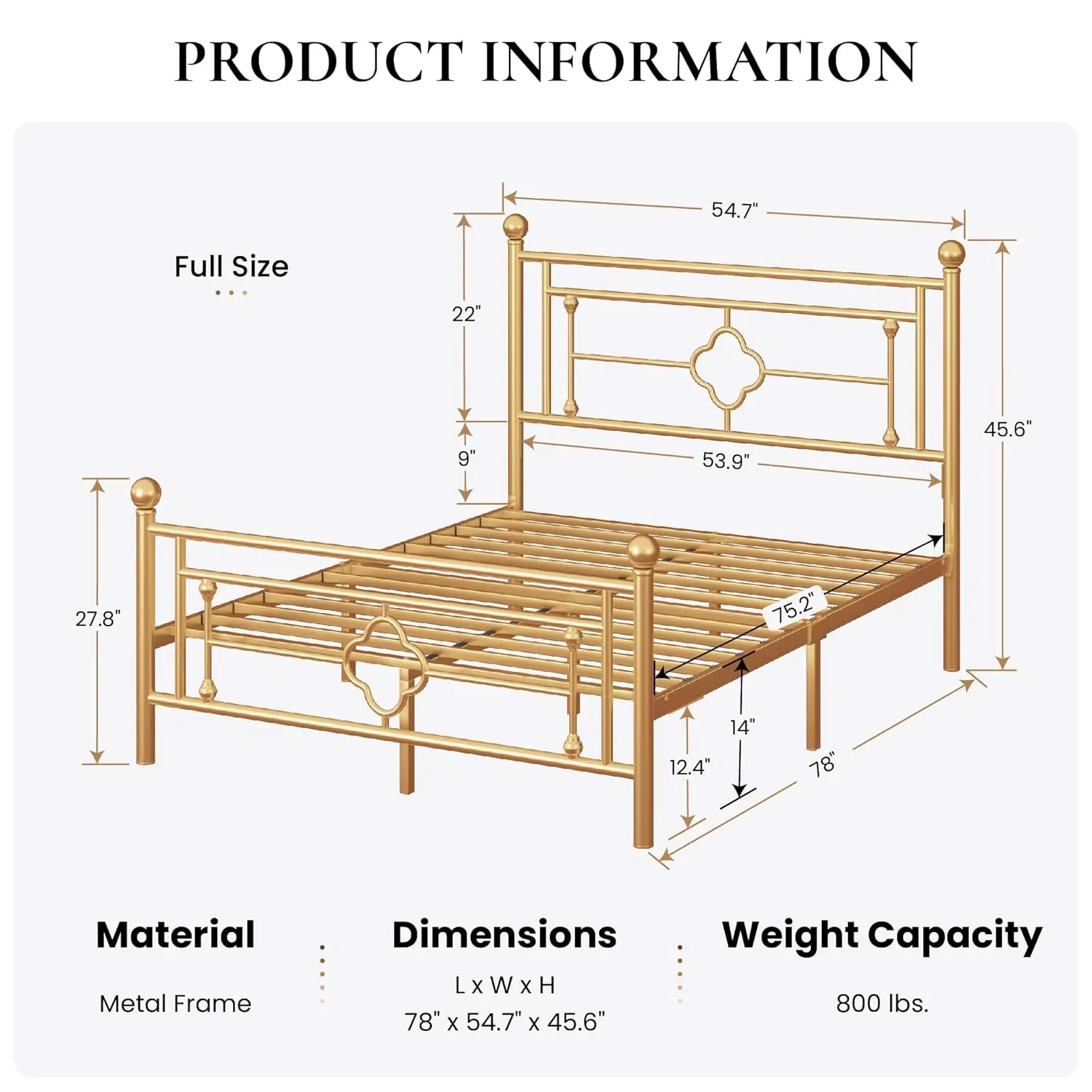 14 Inch Full Size Metal Bed Frame with Vintage Iron Headboard & Footboard, Storage Foundation No Box Spring Noise Free Easy Asse