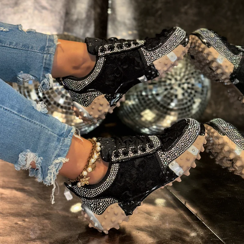 Women's Diamond Luxury Shoes Fashion Casual Shoes Shining Thick Soled Sneakers Summer Breathable Anti Slip Column Running Shoes