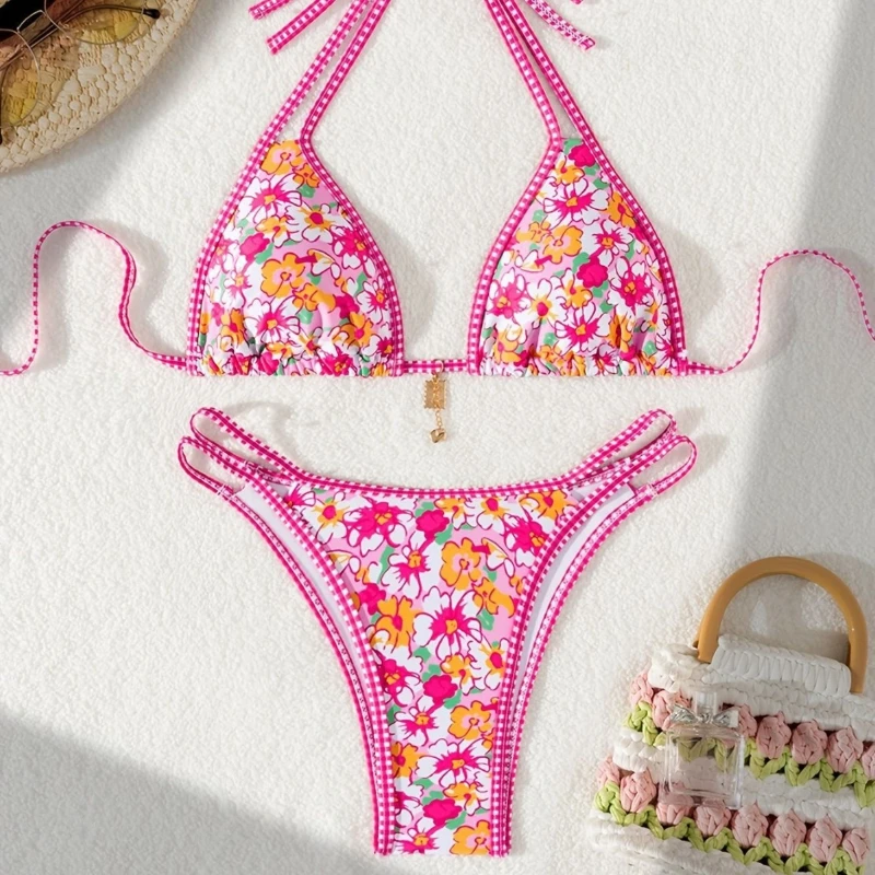 

Pink Print Floral Bikini Sexy Vacation Two-pieces Swimsuit