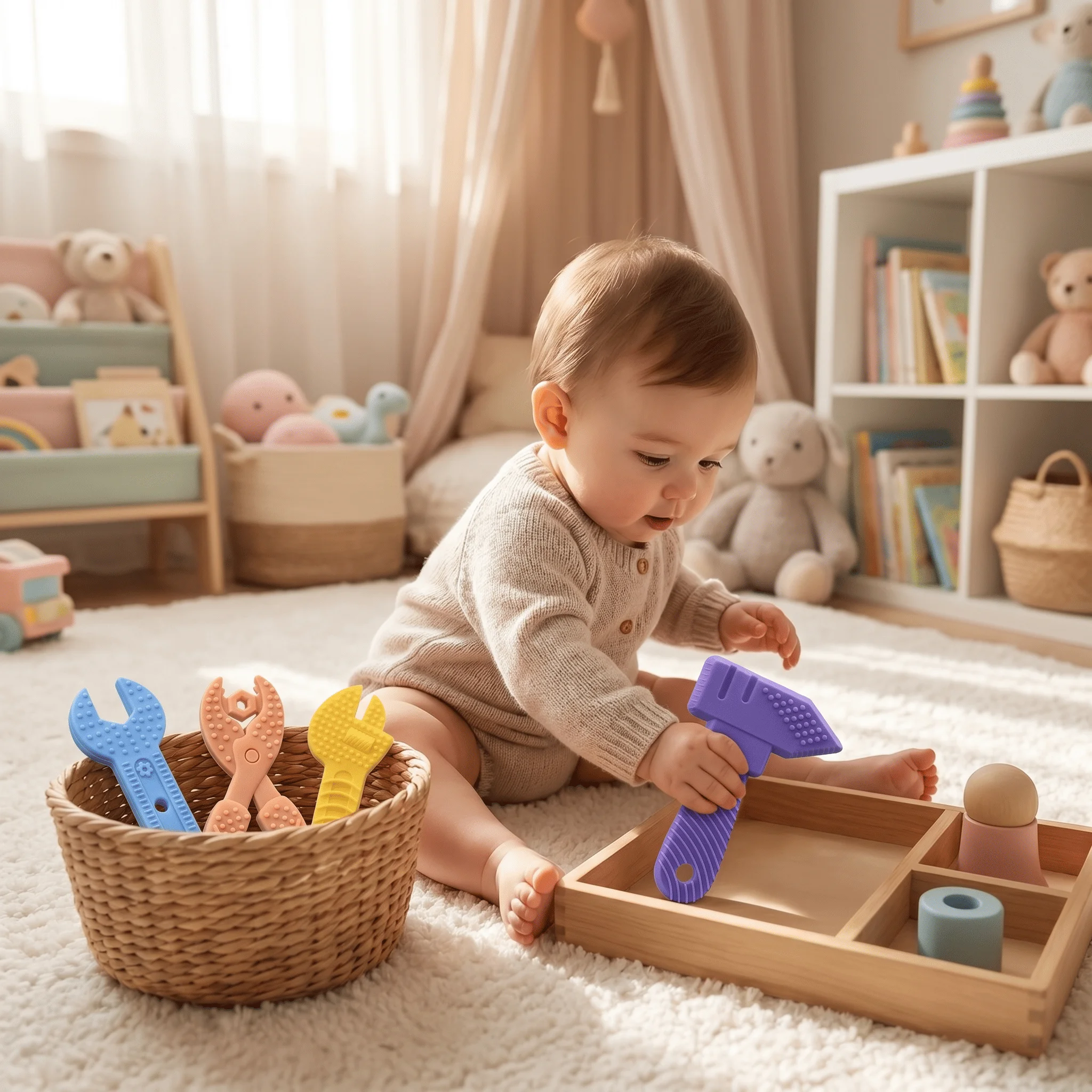 Baby Teething Toys Silicone Chew Toy Set 5PCS Tool Shape BPA Free Freezer Safe for Infants Newborns 0 To 12 Months Use