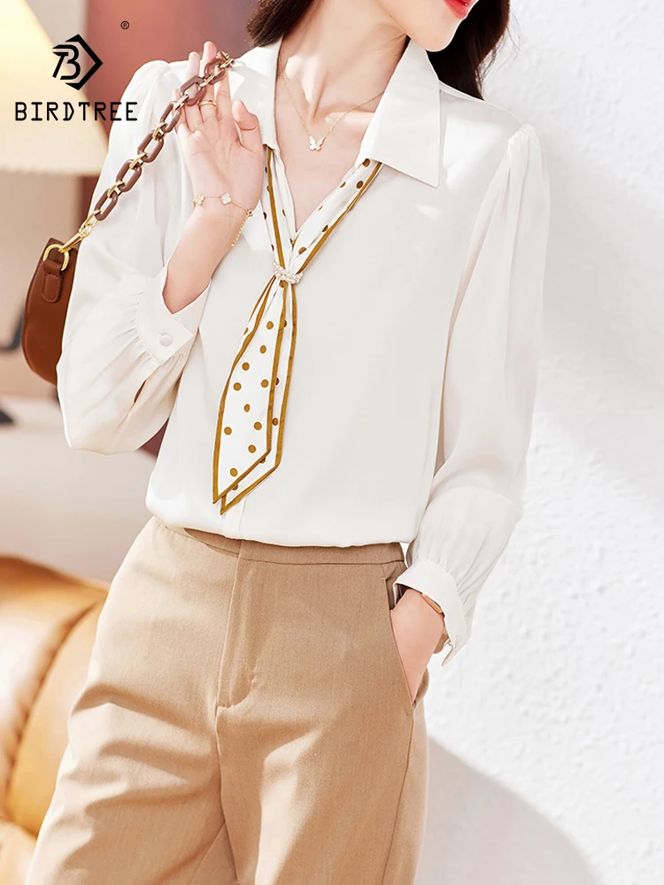 

BirdTree, 19MM 91.8%Natural Silk Elegant Shirt, Women Long Sleeve Ribbon, Commute Versatile Blouses, 2024 Summer Autumn T47599QC