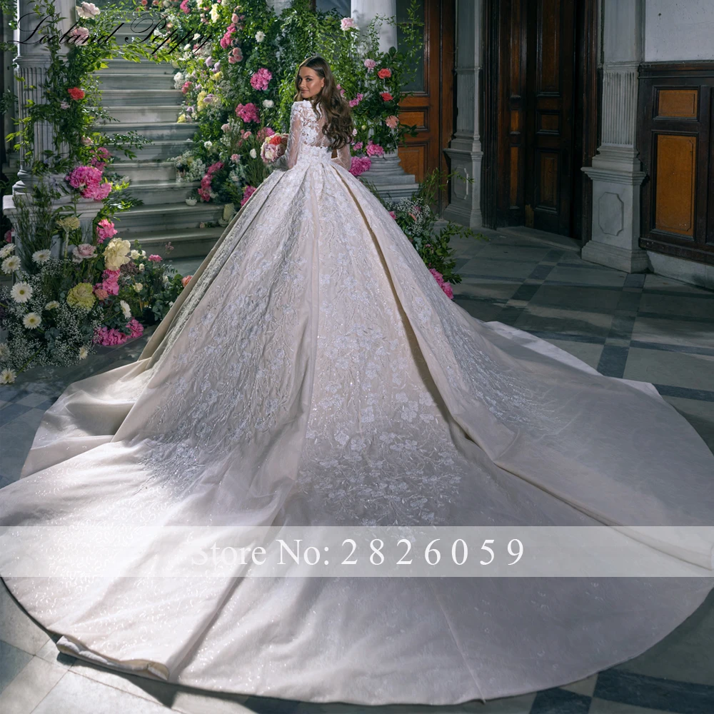 Lceland Poppy Customized Ball Gown Lace Wedding Dresses Floor Length Beaded Long Puffy Sleeves Bridal Gowns with Cathedral Train