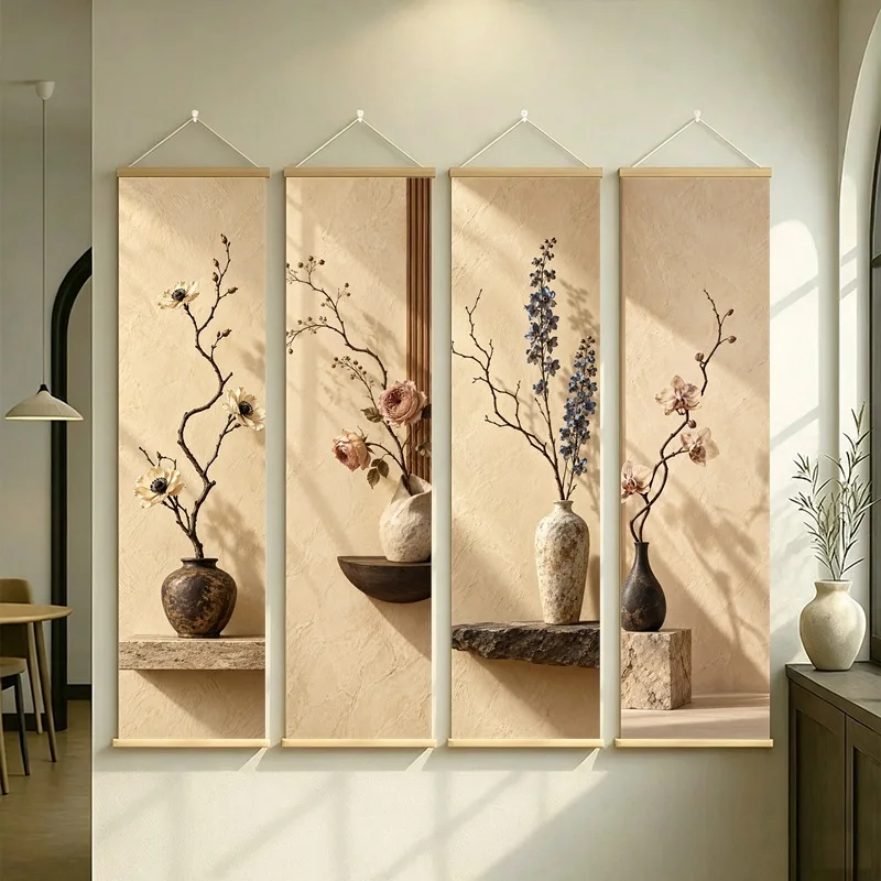 Wall Art Preserved Austin Rose and Preserved Delphinium, Calm Wabi-Sabi Silver Shimmer Canvas Hanging Scroll for Tea Room