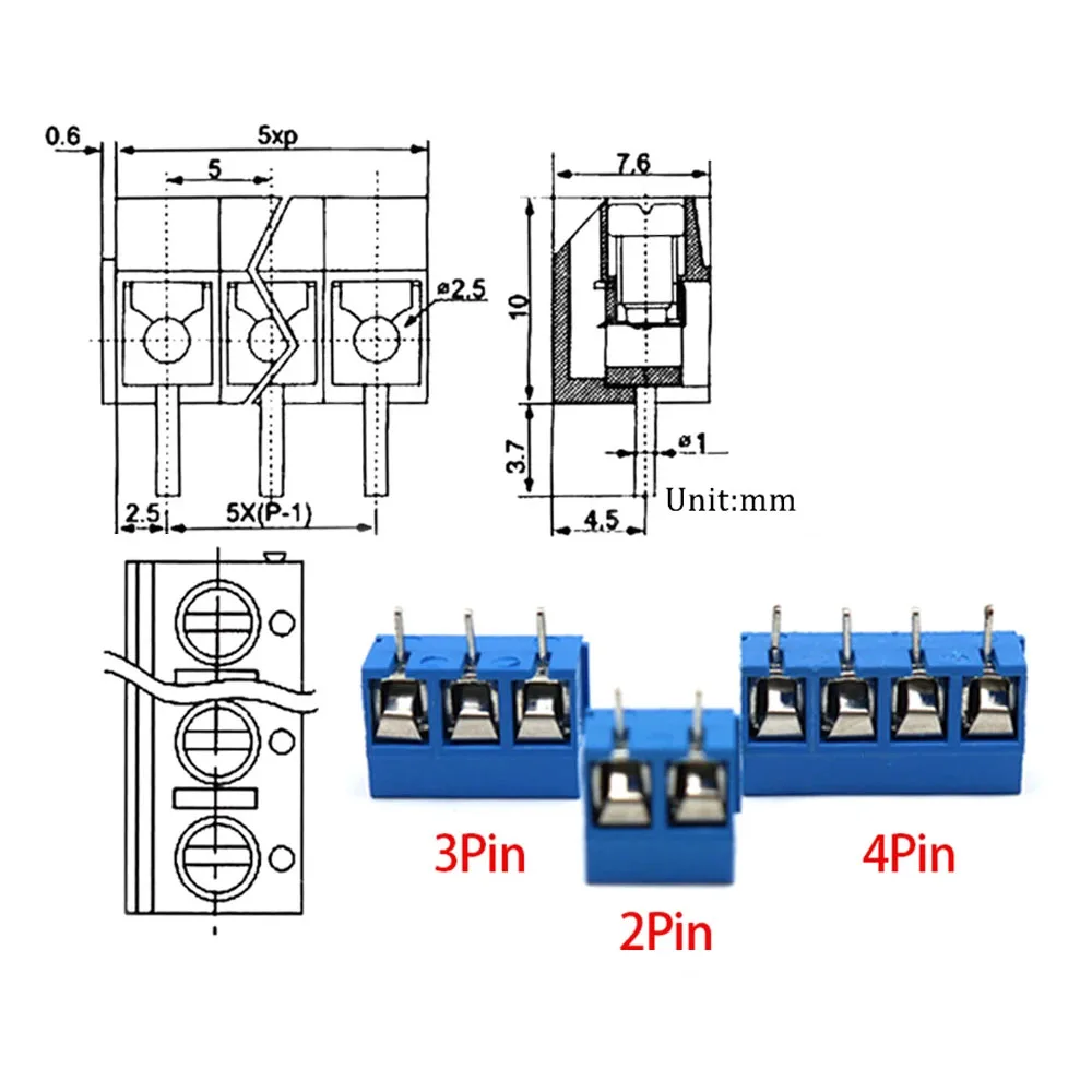 10Pcs/lot KF301-5.0-2P KF301-3P KF301-4P Pitch 5.0mm Straight Pin 2P 3P 4P Screw PCB Terminal Block Connector Blue Green