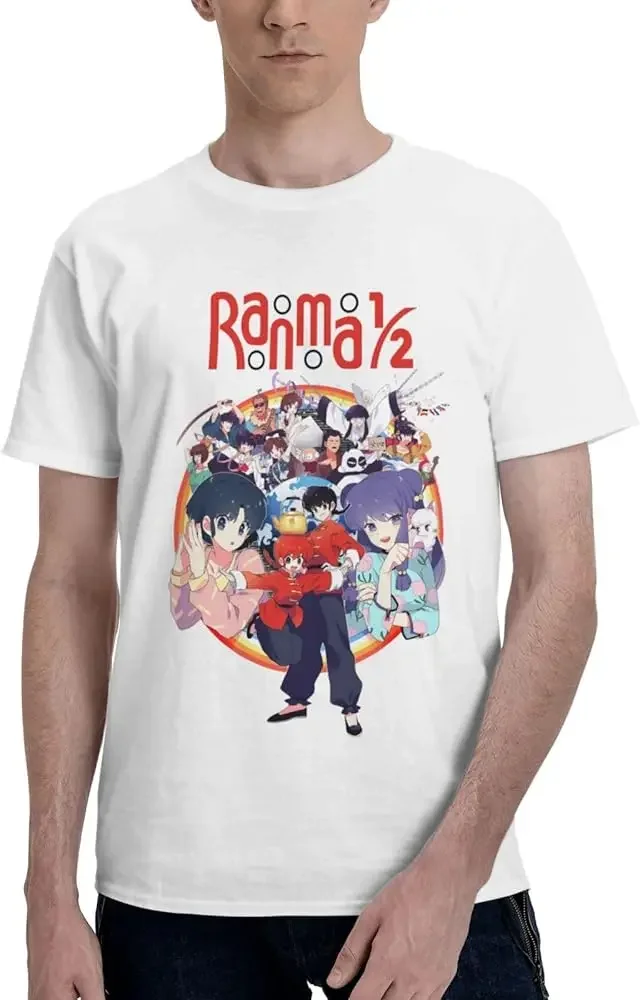 Anime T Shirts Ranma Man's Summer Cotton Tee Crew Neck Short Sleeve Tees White