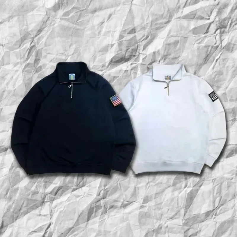 Y2K Marineblaues Sweatshirt mit Viertelreißverschluss, USA-gesticktem Amerika-Flaggen-Patch, Jacke für Männer und Frauen, Vintage Streetwear, Modetrend-Oberteil – Detail 2