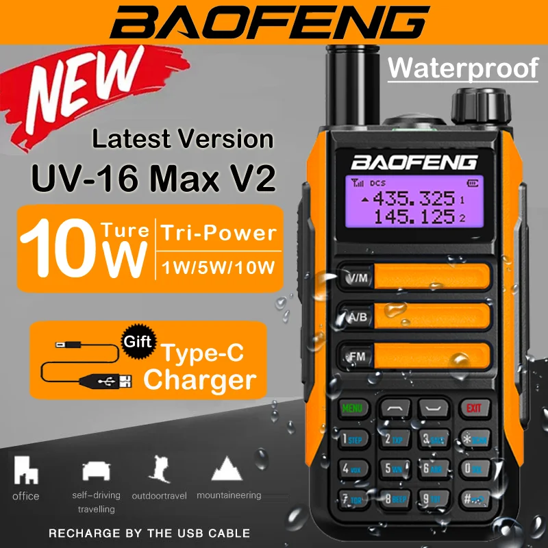 New Baofeng UV-16 Max Walkie Talkie Military UV 16 Plus 10W Powerful Waterproof VHF UHF Dual Band Two Way Radios USB-C Charger