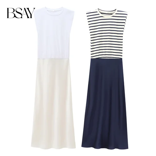BSAY, moda para mujer, novedad de verano, jersey de cuello redondo a rayas con empalme, vestido largo sin mangas, ropa de noche femenina elegante francesa