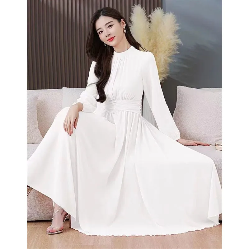 Elegante Boho Donna O-Collo Sottile Elastico in Vita A-Line Abito Midi Pipistrello Manica Lunga Casual Vacanza Ufficio Abito Vintage da Donna