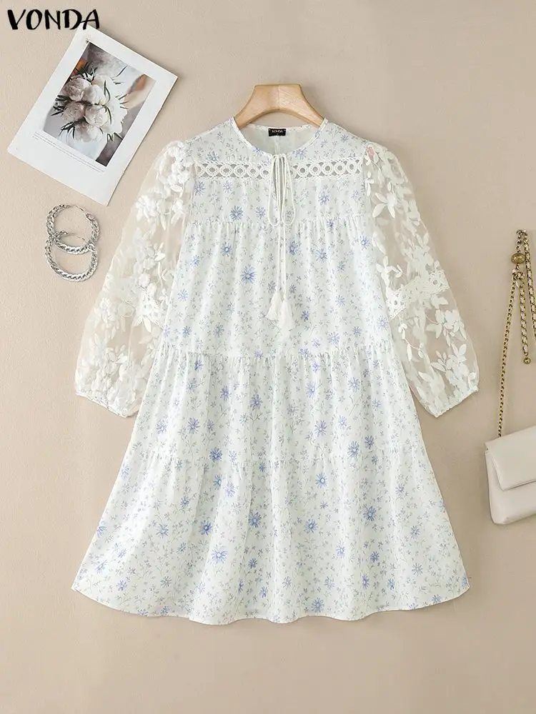 VONDA Mini abiti con stampa floreale bohémien Donna Manica a sbuffo 3/4 Casual Vacanza Vestito estivo Fasciatura di moda Elegante abito in rete con volant