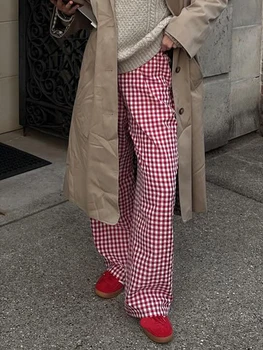 Neue Mode Frauen weites Bein Hosen lässig lose elastische karierte Hosen mit Taschen für Arbeit Büro Streetwear heißen Verkauf S-XL