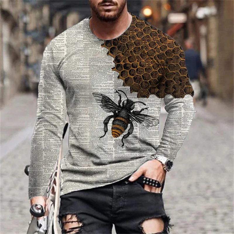 Men's Bee Honeycomb Graphic 3D Printed T-shirts Full Body Newspaper Printing Tees Autumn Casual Long Sleeve Tops Street Pullover