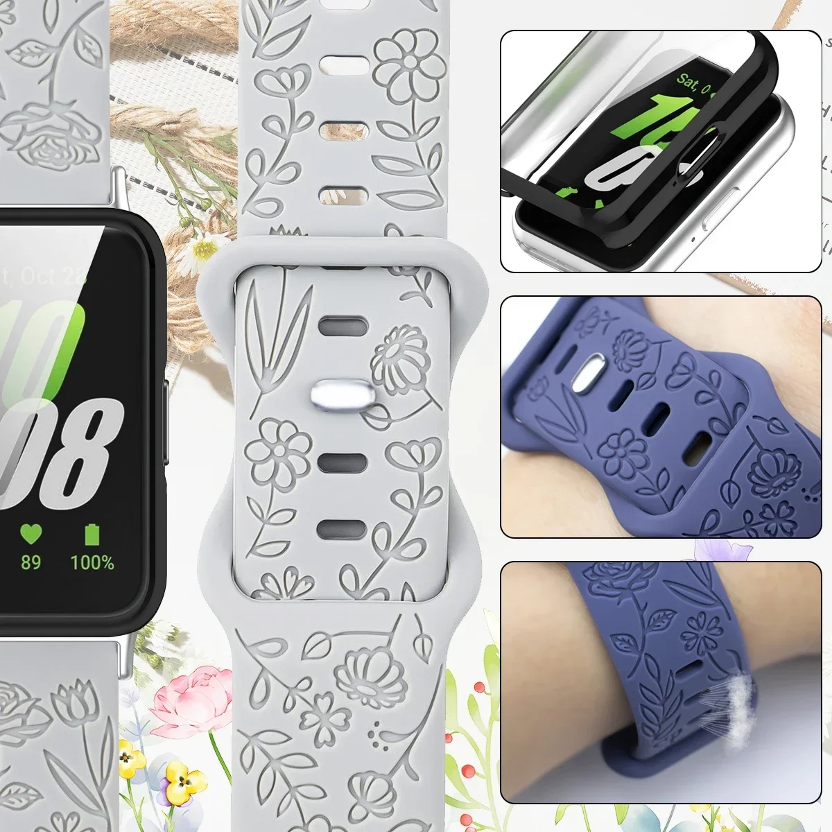 Prints Design Strap+Case for Samsung Galaxy Fit3 Watch Band Silicone Engraving Bracelet for Samsung Galaxy Fit3 Floral Wristband