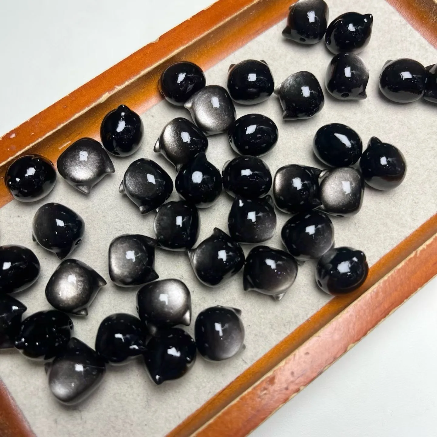 5pcs Natural Sliver Black Obsidian Carved Cat Head Loose Spacer Beads for DIY Bracelet Necklace Earring Jewelry Making Supplies
