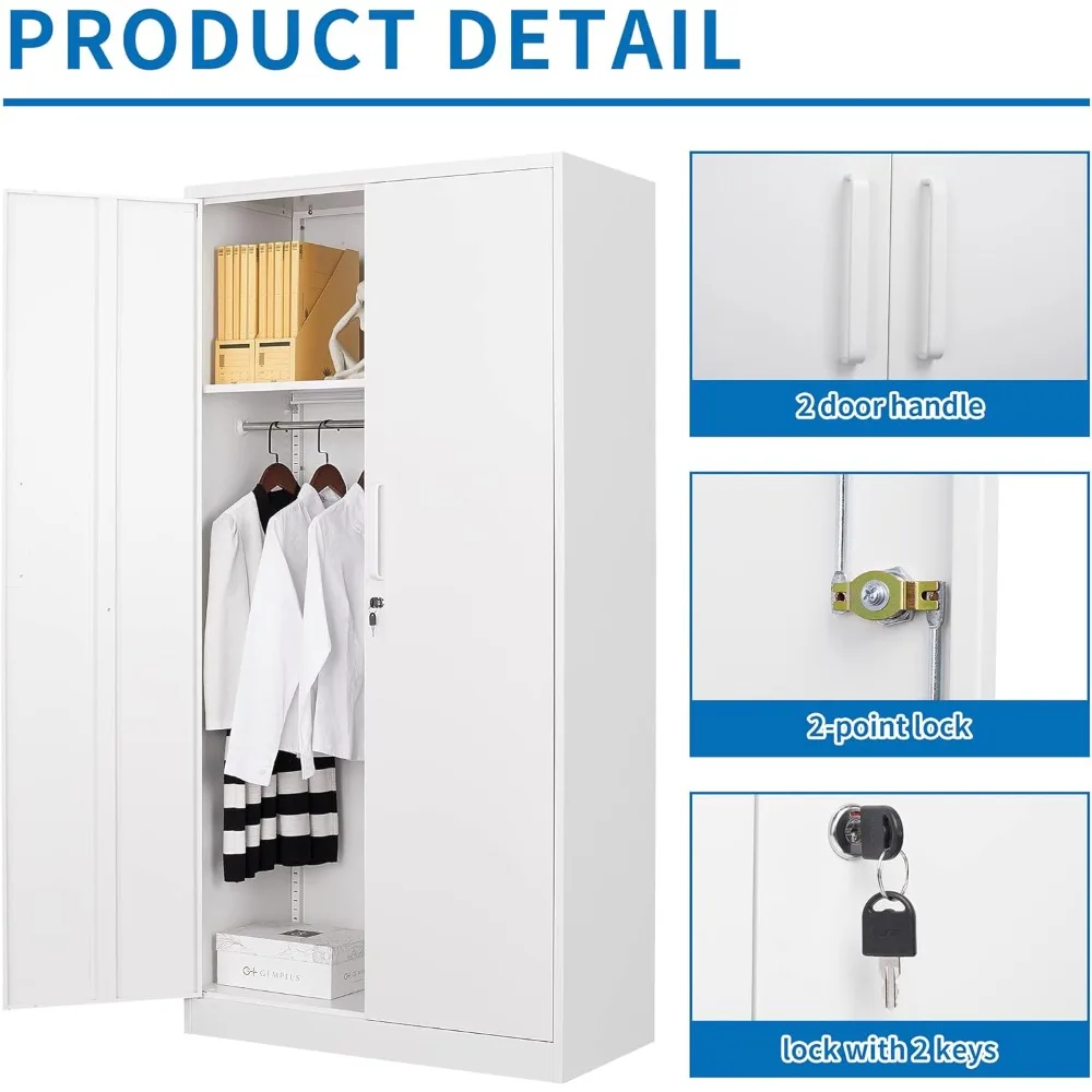 Белый 72-й высокий стальной шкафчик для сотрудников с подвесным стержнем, полками и запираемым хранилищем