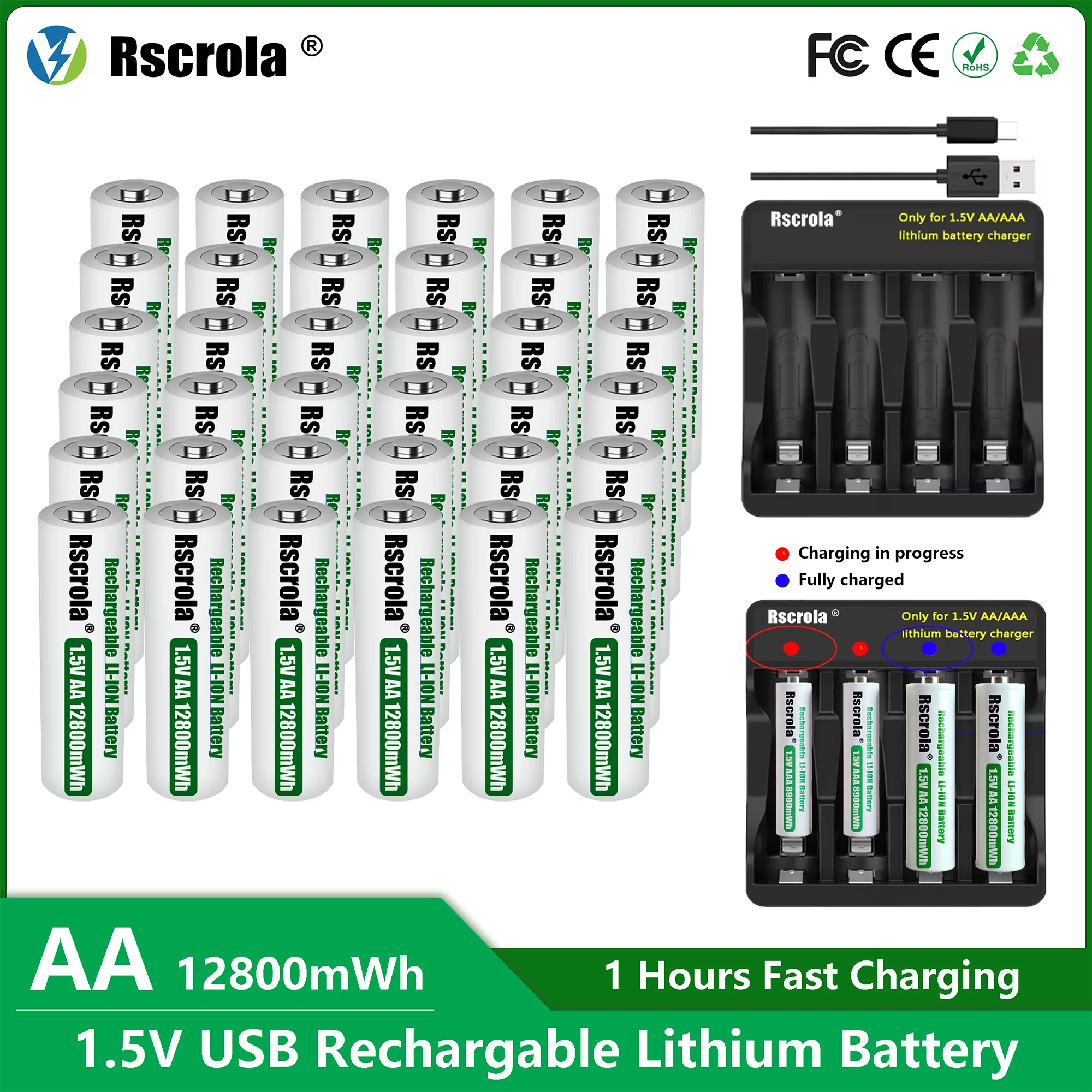 Rscrola قابلة للشحن 1.5 فولت AA 12800mWh بطارية أيون الليثيوم شحن سريع مع شاحن لساعة كامير مروحة ماوس ألعاب كهربائية