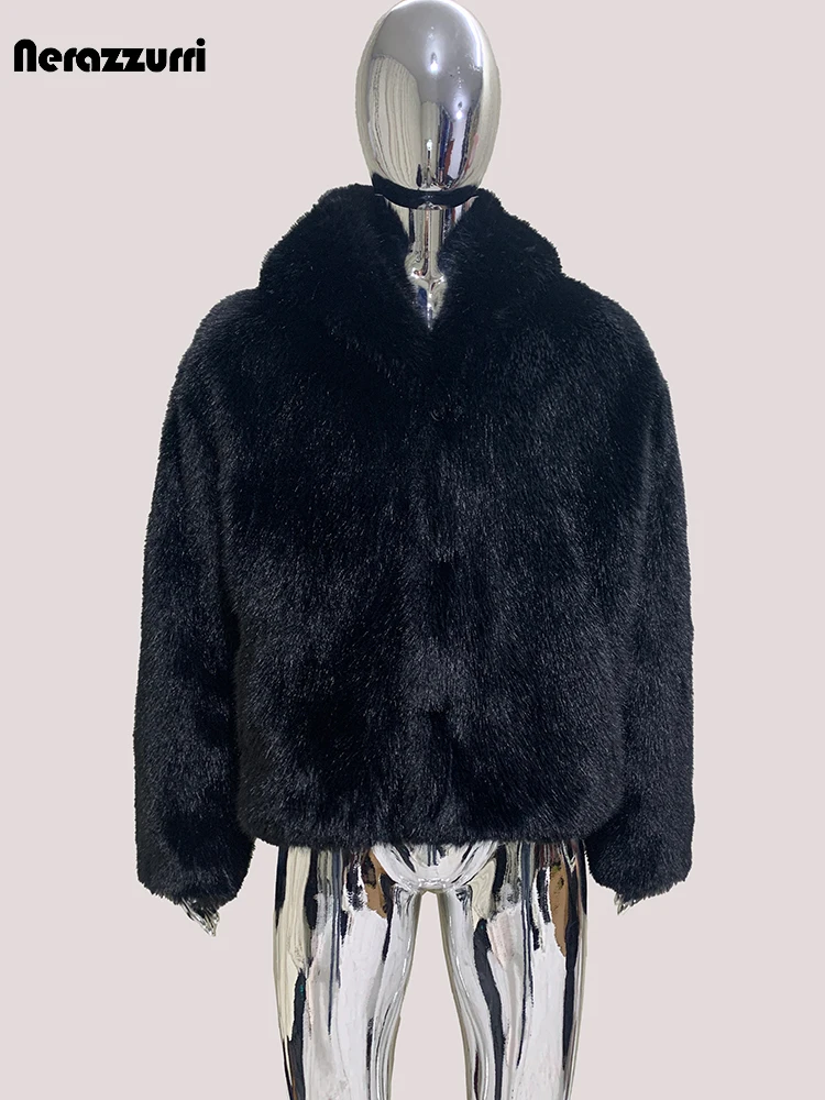 เสื้อโค้ทขนเฟอร์เทียมฟ็อกซ์สีดำหนานุ่ม อุ่นสบาย ทรงโอเวอร์ไซส์ แขนยาว มีฮู้ด สำหรับผู้ชาย แบรนด์เนราซูรี รุ่นวินเทอร์